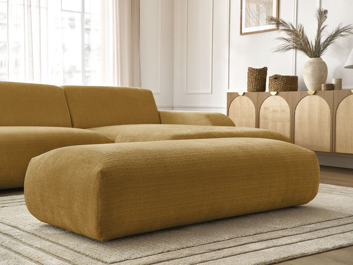 Canapé d'angle fixe modulable SIRIUS tissu texturé avec 1 chauffeuse et grand pouf