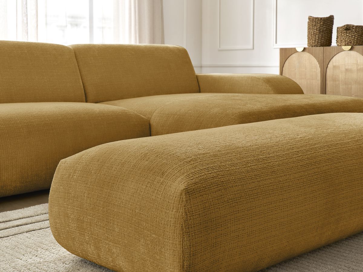 Canapé d'angle fixe modulable SIRIUS tissu texturé avec 1 chauffeuse et grand pouf