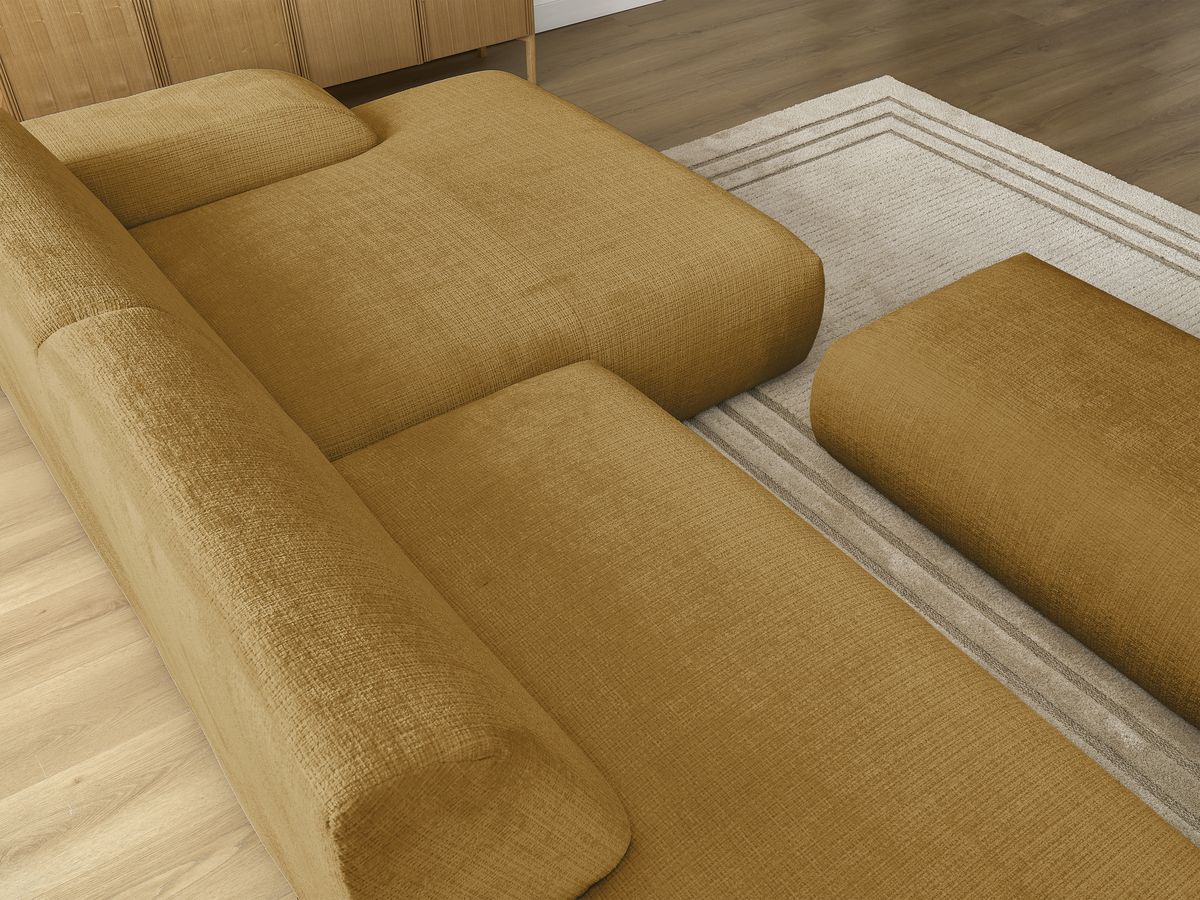 Canapé d'angle fixe modulable SIRIUS tissu texturé avec 1 chauffeuse et grand pouf