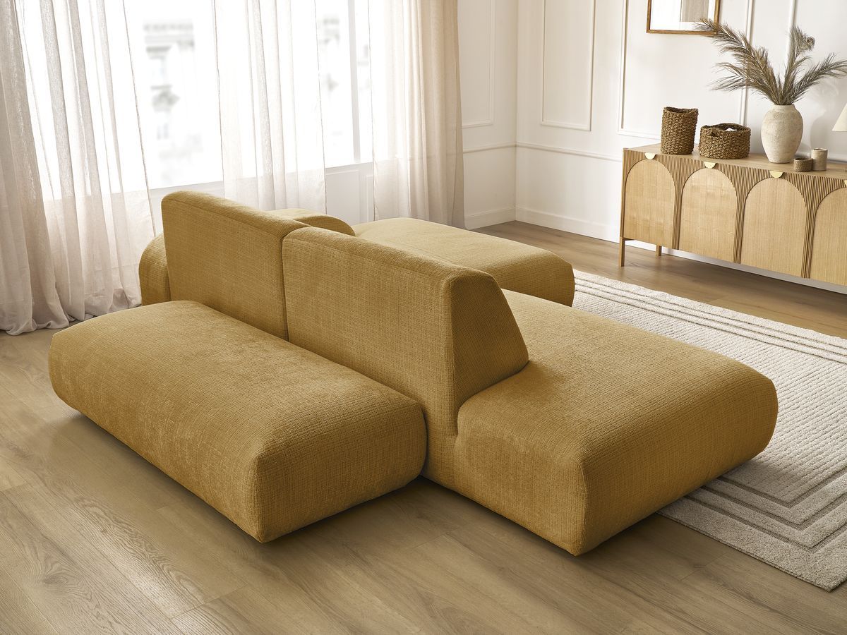 Canapé d'angle fixe modulable SIRIUS tissu texturé avec 1 chauffeuse et grand pouf