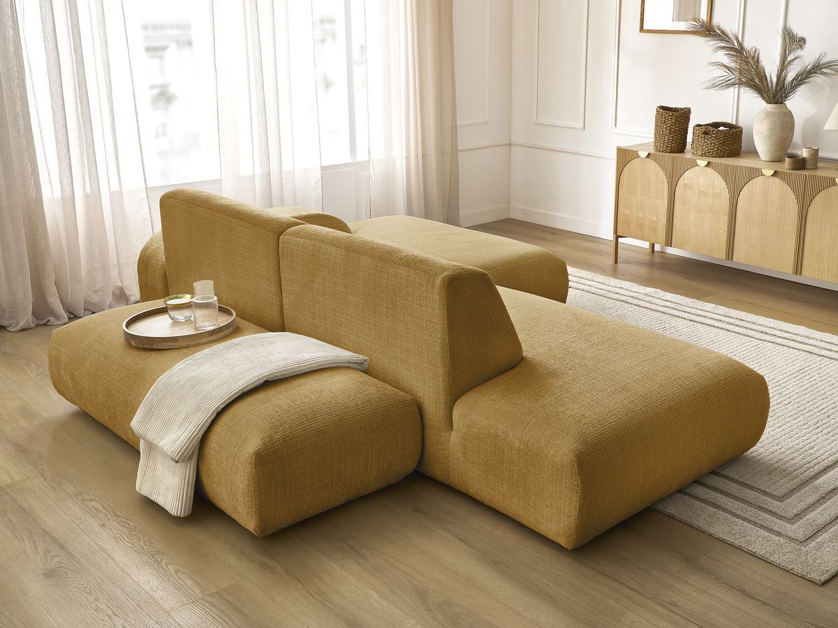 Canapé d'angle fixe modulable SIRIUS tissu texturé avec 1 chauffeuse et grand pouf