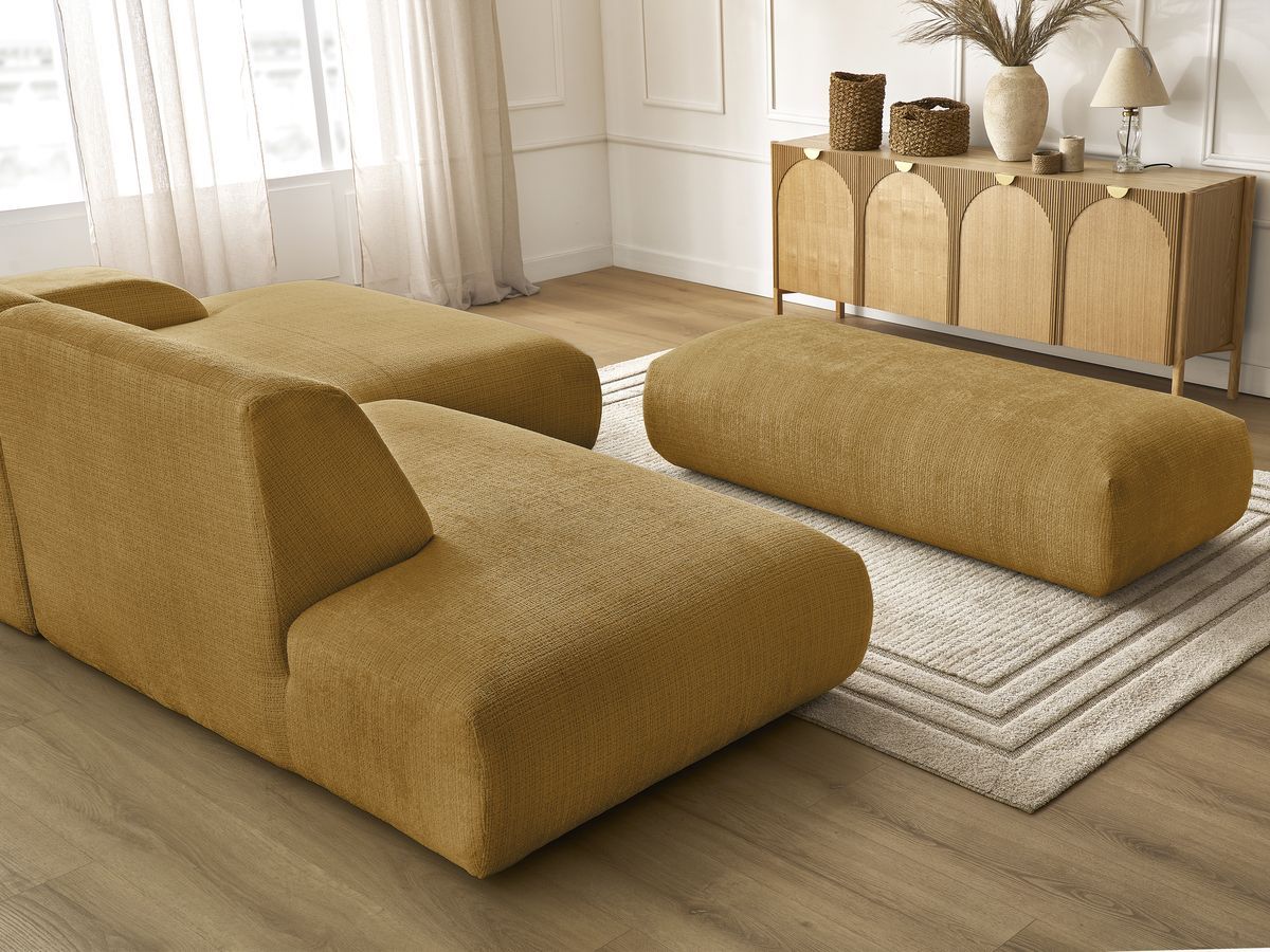 Canapé d'angle fixe modulable SIRIUS tissu texturé avec 1 chauffeuse et grand pouf