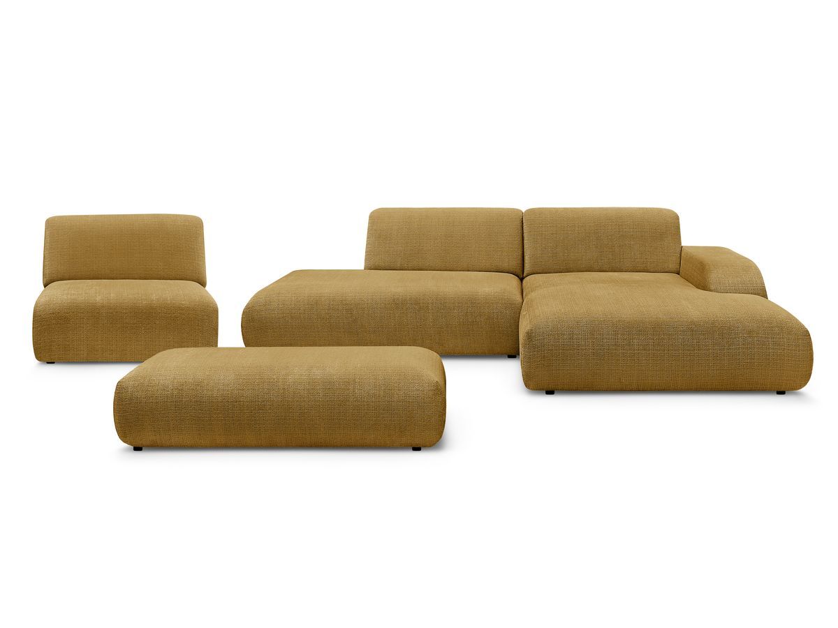 Canapé d'angle fixe modulable SIRIUS tissu texturé avec 1 chauffeuse et grand pouf