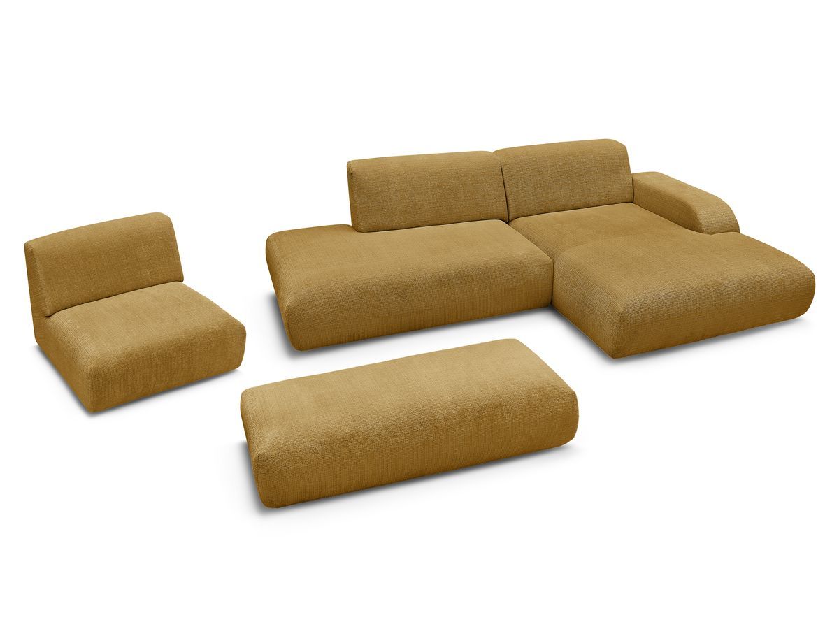 Canapé d'angle fixe modulable SIRIUS tissu texturé avec 1 chauffeuse et grand pouf