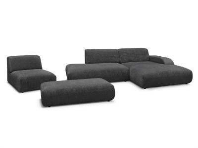 Canapé d'angle fixe modulable SIRIUS tissu texturé avec 1 chauffeuse et grand pouf