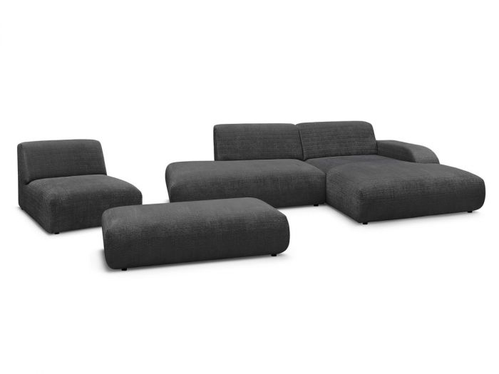 Canapé d'angle fixe modulable SIRIUS tissu texturé avec 1 chauffeuse et grand pouf