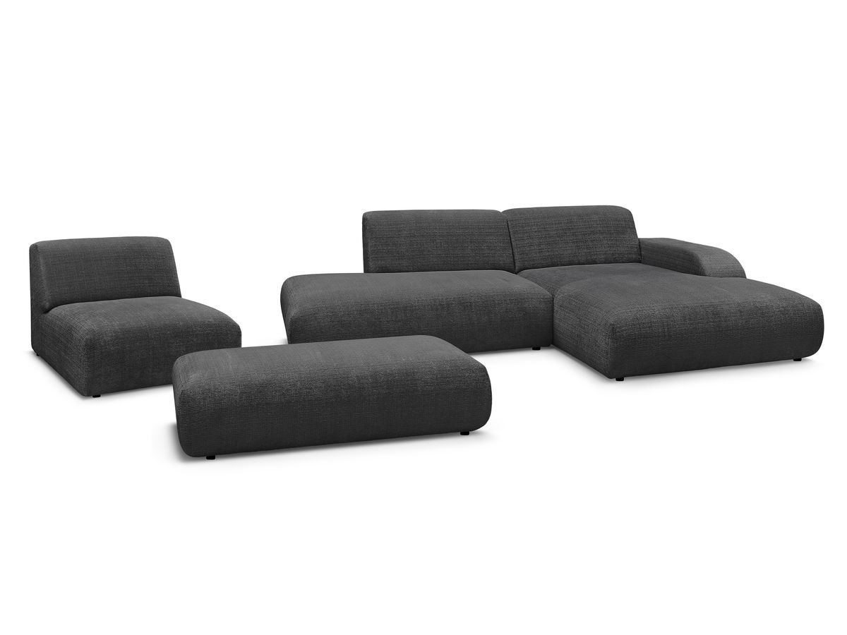 canapé d'angle fixe modulable sirius tissu texturé avec 1 chauffeuse et grand pouf de couleur noir