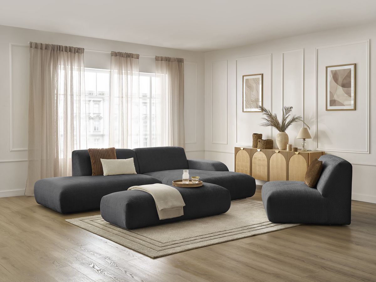 Canapé d'angle fixe modulable SIRIUS tissu texturé avec 1 chauffeuse et grand pouf