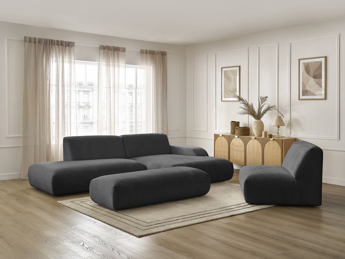 Canapé d'angle fixe modulable SIRIUS tissu texturé avec 1 chauffeuse et grand pouf