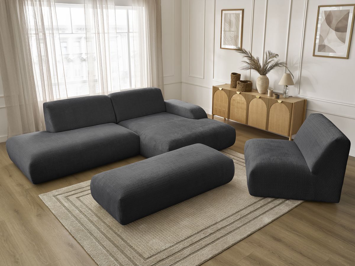 Canapé d'angle fixe modulable SIRIUS tissu texturé avec 1 chauffeuse et grand pouf