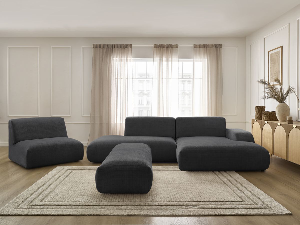 Canapé d'angle fixe modulable SIRIUS tissu texturé avec 1 chauffeuse et grand pouf