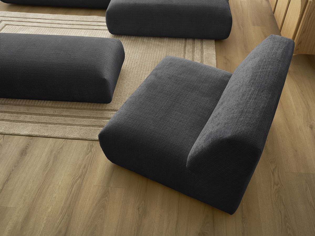 Canapé d'angle fixe modulable SIRIUS tissu texturé avec 1 chauffeuse et grand pouf