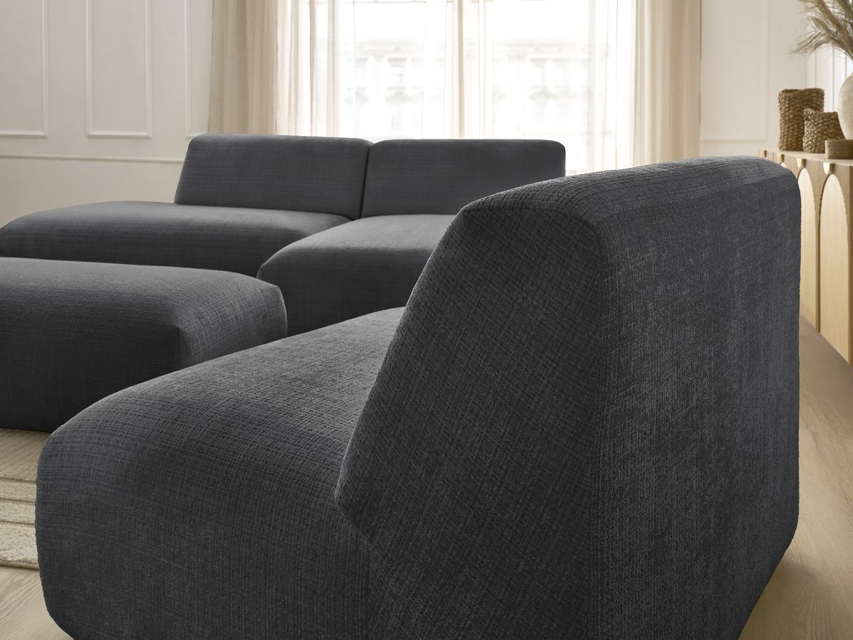 Canapé d'angle fixe modulable SIRIUS tissu texturé avec 1 chauffeuse et grand pouf