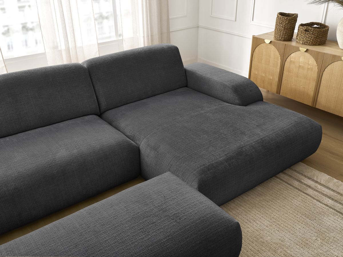 Canapé d'angle fixe modulable SIRIUS tissu texturé avec 1 chauffeuse et grand pouf