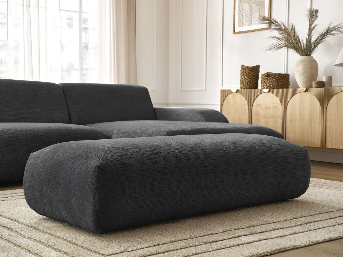 Canapé d'angle fixe modulable SIRIUS tissu texturé avec 1 chauffeuse et grand pouf