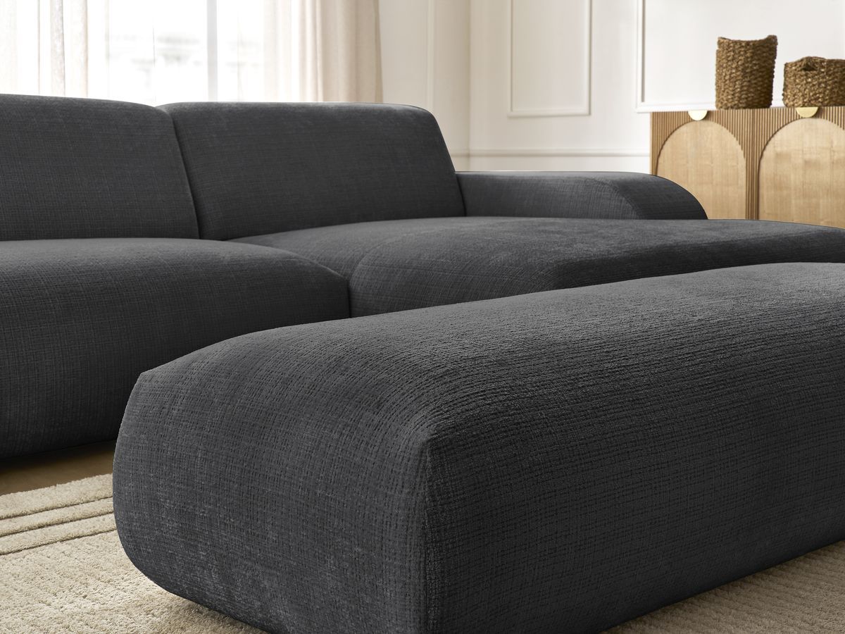 Canapé d'angle fixe modulable SIRIUS tissu texturé avec 1 chauffeuse et grand pouf