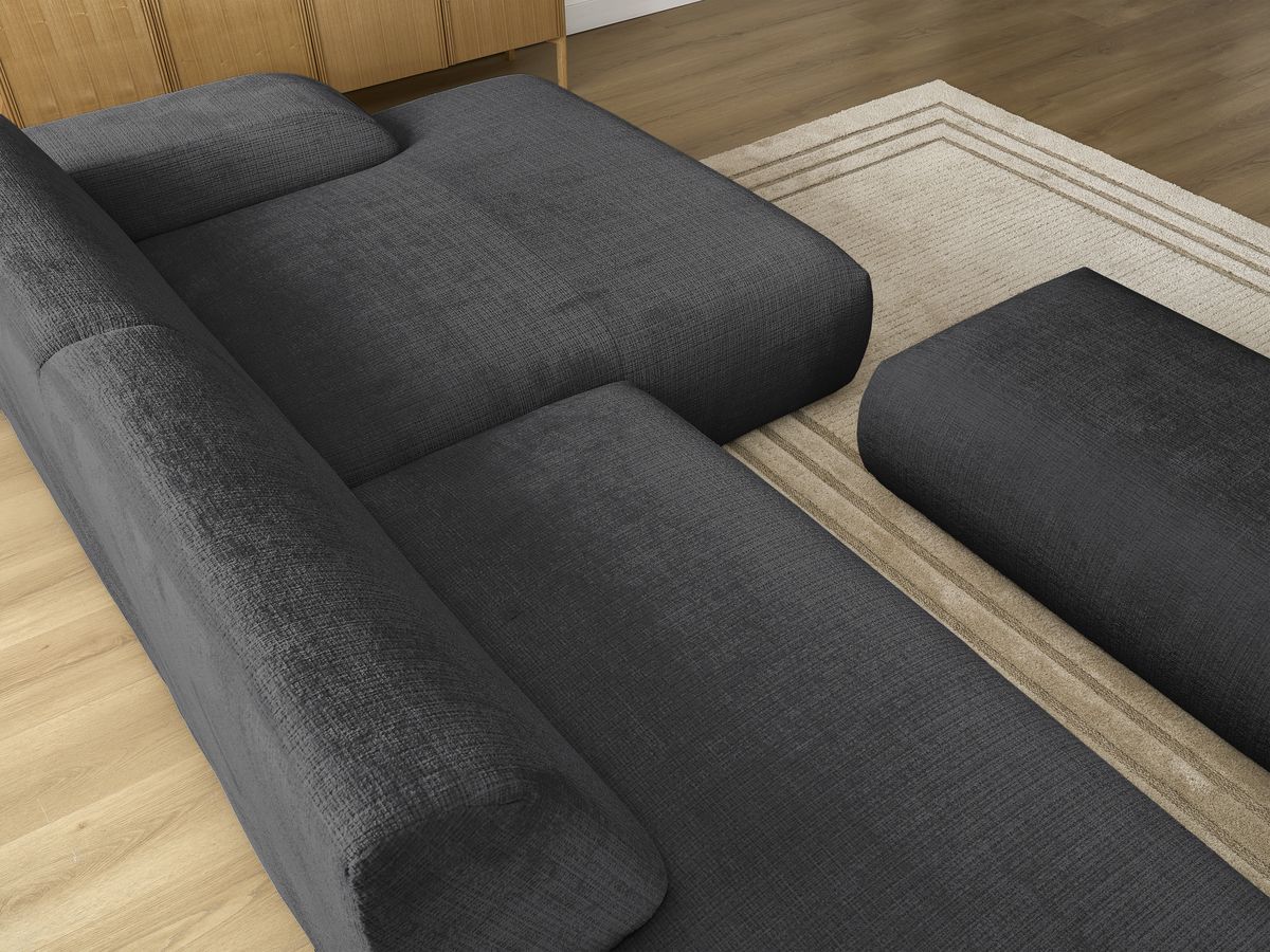 Canapé d'angle fixe modulable SIRIUS tissu texturé avec 1 chauffeuse et grand pouf