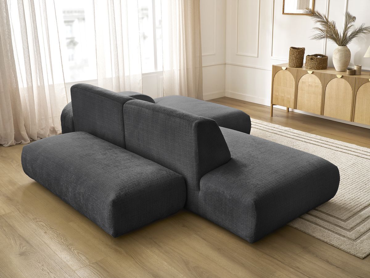 Canapé d'angle fixe modulable SIRIUS tissu texturé avec 1 chauffeuse et grand pouf
