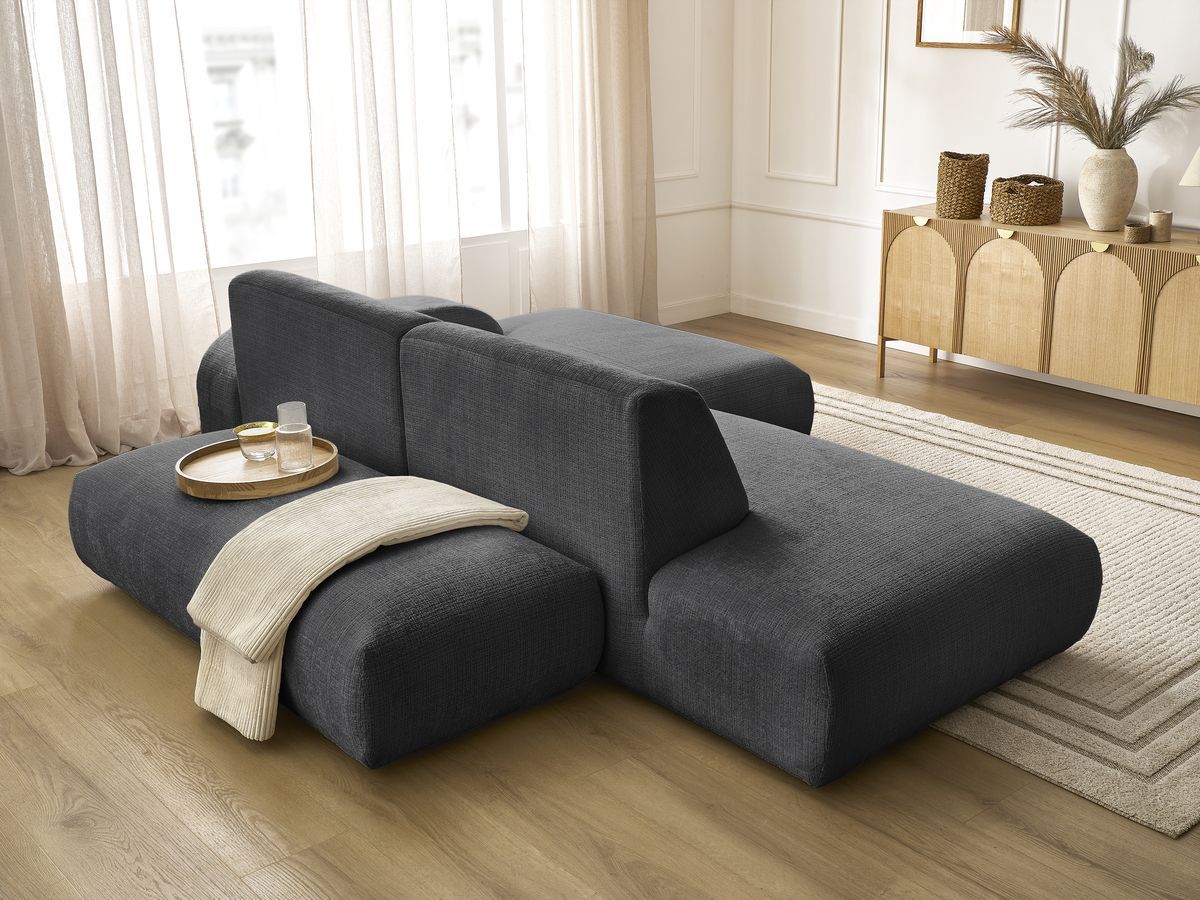 Canapé d'angle fixe modulable SIRIUS tissu texturé avec 1 chauffeuse et grand pouf
