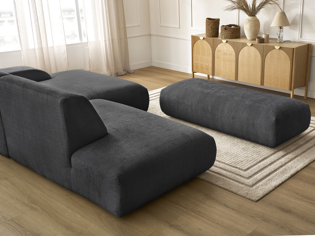 Canapé d'angle fixe modulable SIRIUS tissu texturé avec 1 chauffeuse et grand pouf