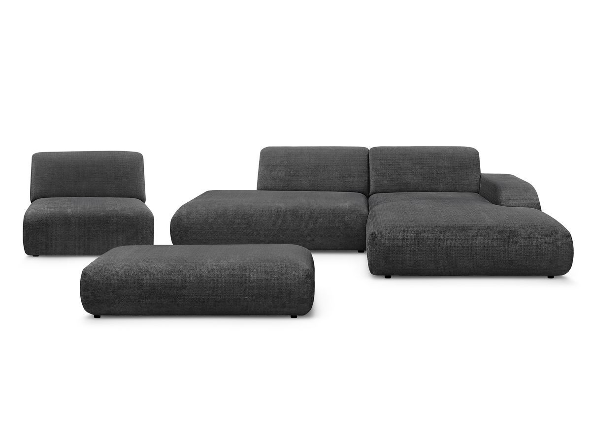 Canapé d'angle fixe modulable SIRIUS tissu texturé avec 1 chauffeuse et grand pouf