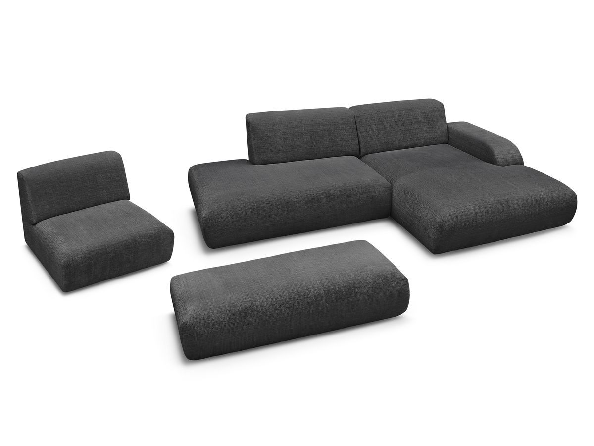 Canapé d'angle fixe modulable SIRIUS tissu texturé avec 1 chauffeuse et grand pouf