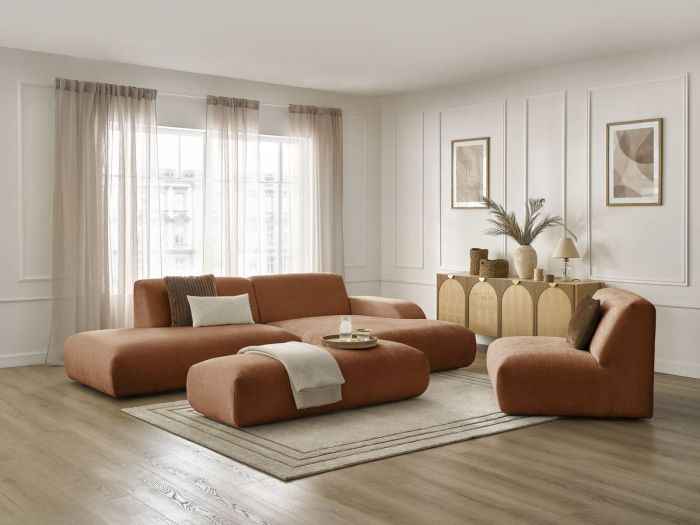 Canapé d'angle fixe modulable SIRIUS tissu texturé avec 1 chauffeuse et grand pouf