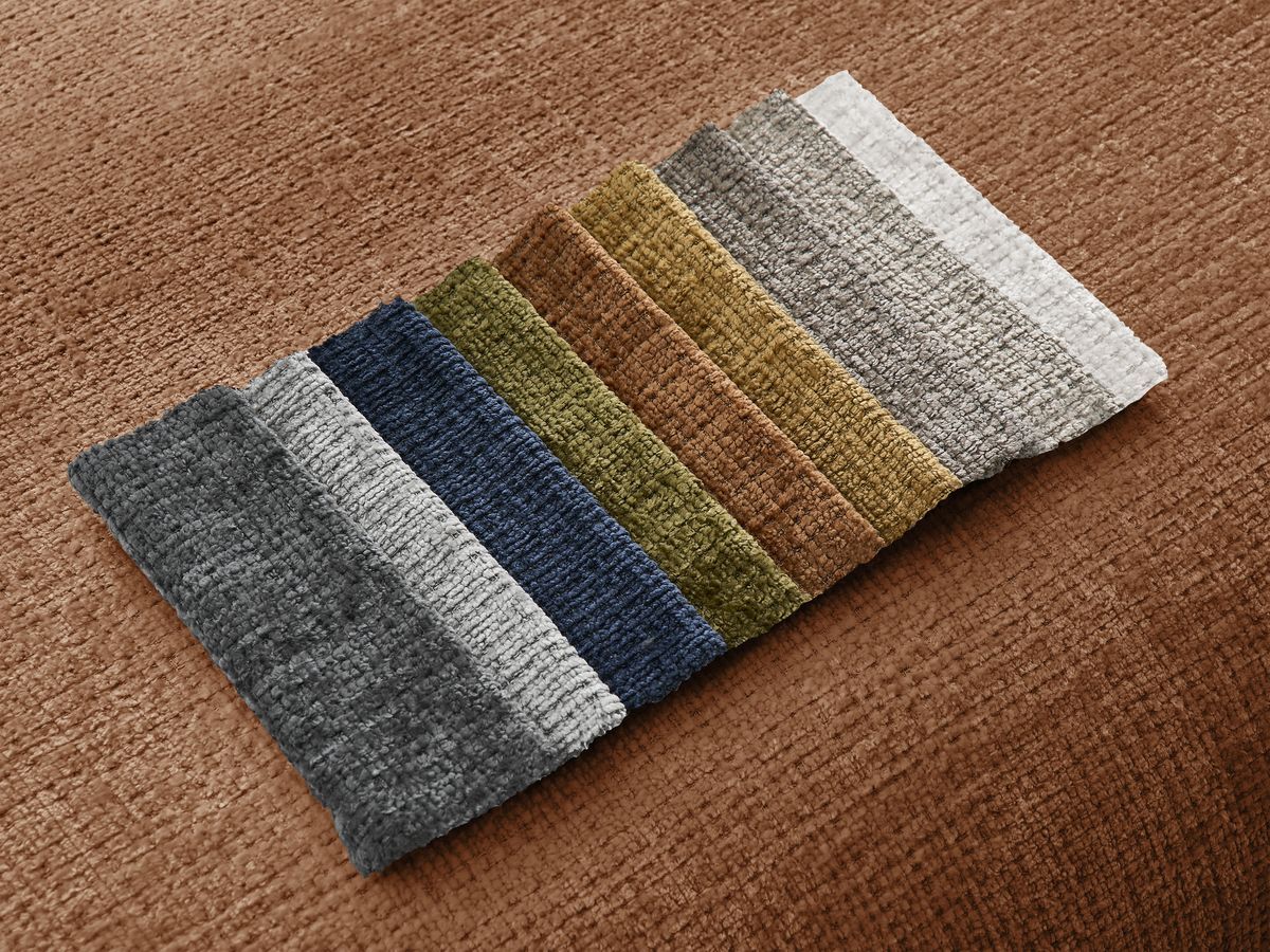 Canapé d'angle fixe modulable SIRIUS tissu texturé avec 1 chauffeuse et grand pouf