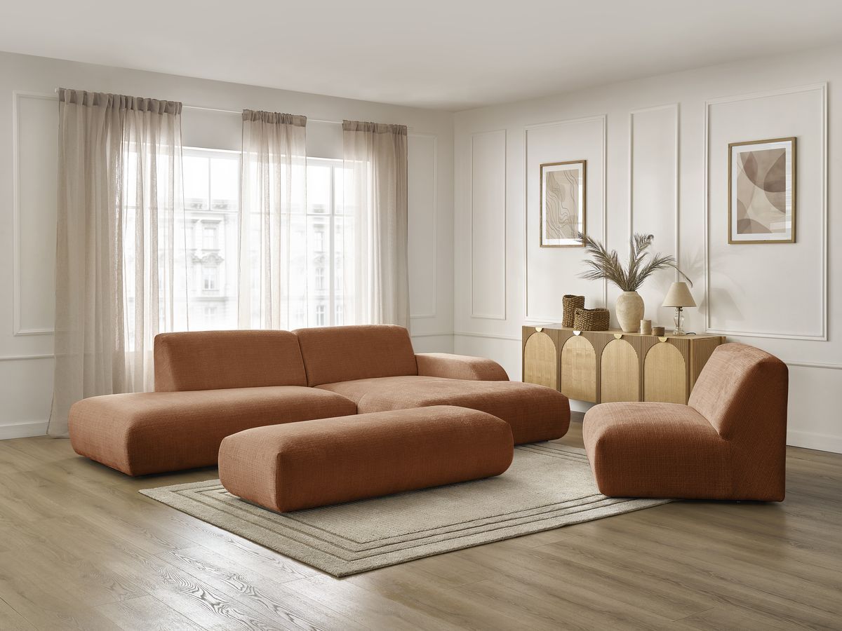 Canapé d'angle fixe modulable SIRIUS tissu texturé avec 1 chauffeuse et grand pouf