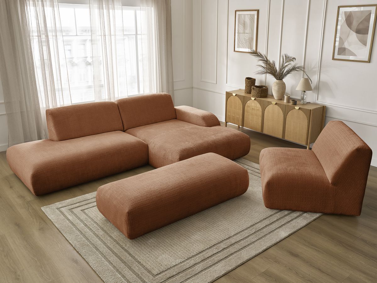Canapé d'angle fixe modulable SIRIUS tissu texturé avec 1 chauffeuse et grand pouf