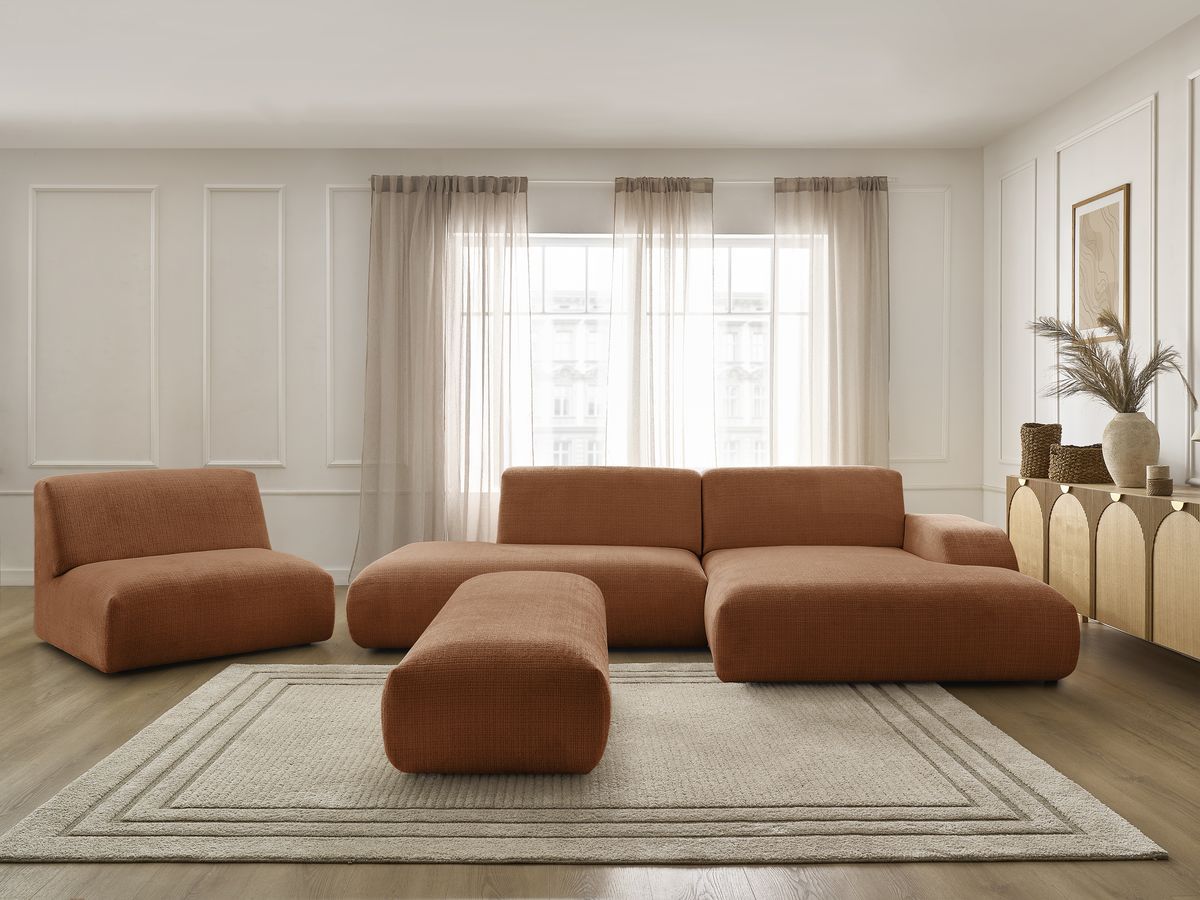 Canapé d'angle fixe modulable SIRIUS tissu texturé avec 1 chauffeuse et grand pouf