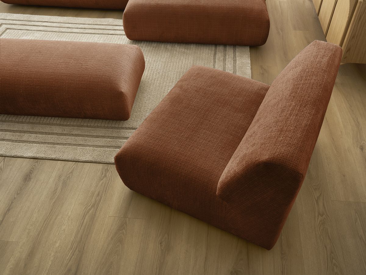Canapé d'angle fixe modulable SIRIUS tissu texturé avec 1 chauffeuse et grand pouf