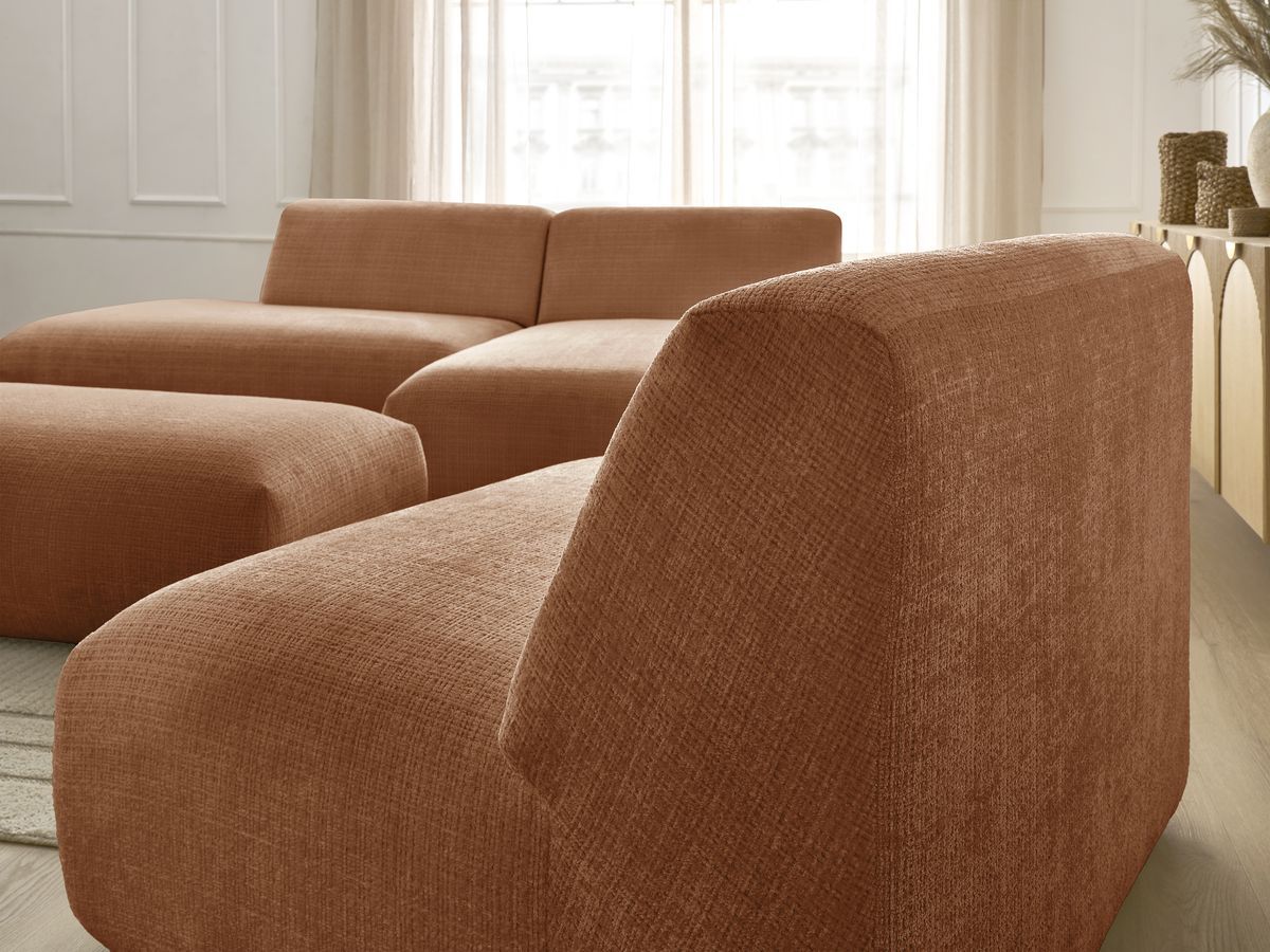 Canapé d'angle fixe modulable SIRIUS tissu texturé avec 1 chauffeuse et grand pouf