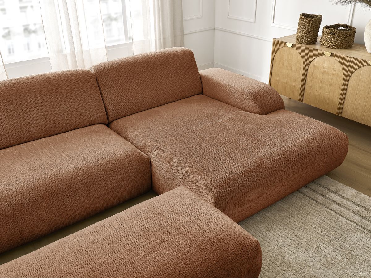 Canapé d'angle fixe modulable SIRIUS tissu texturé avec 1 chauffeuse et grand pouf