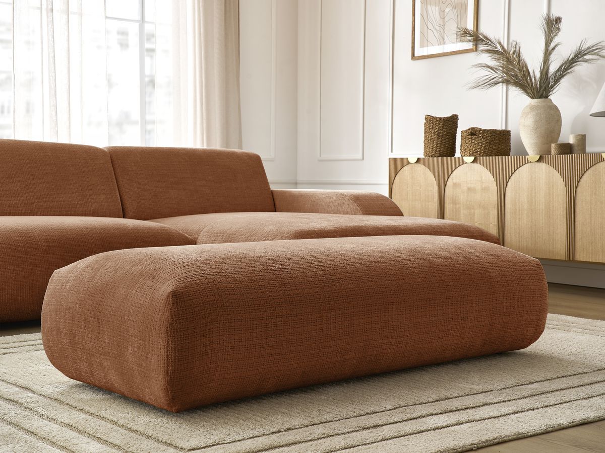 Canapé d'angle fixe modulable SIRIUS tissu texturé avec 1 chauffeuse et grand pouf
