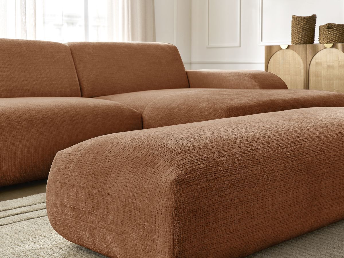 Canapé d'angle fixe modulable SIRIUS tissu texturé avec 1 chauffeuse et grand pouf