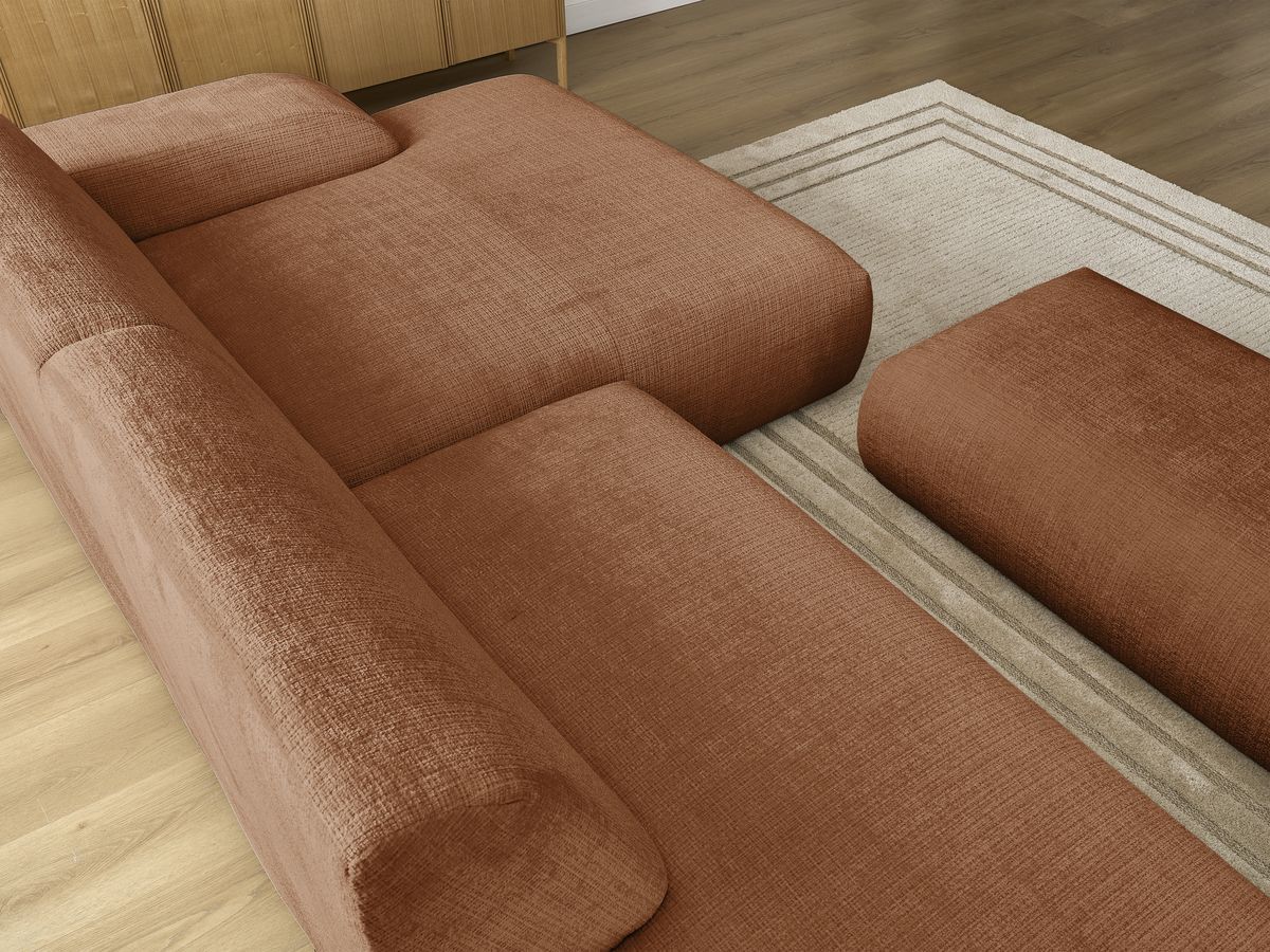 Canapé d'angle fixe modulable SIRIUS tissu texturé avec 1 chauffeuse et grand pouf