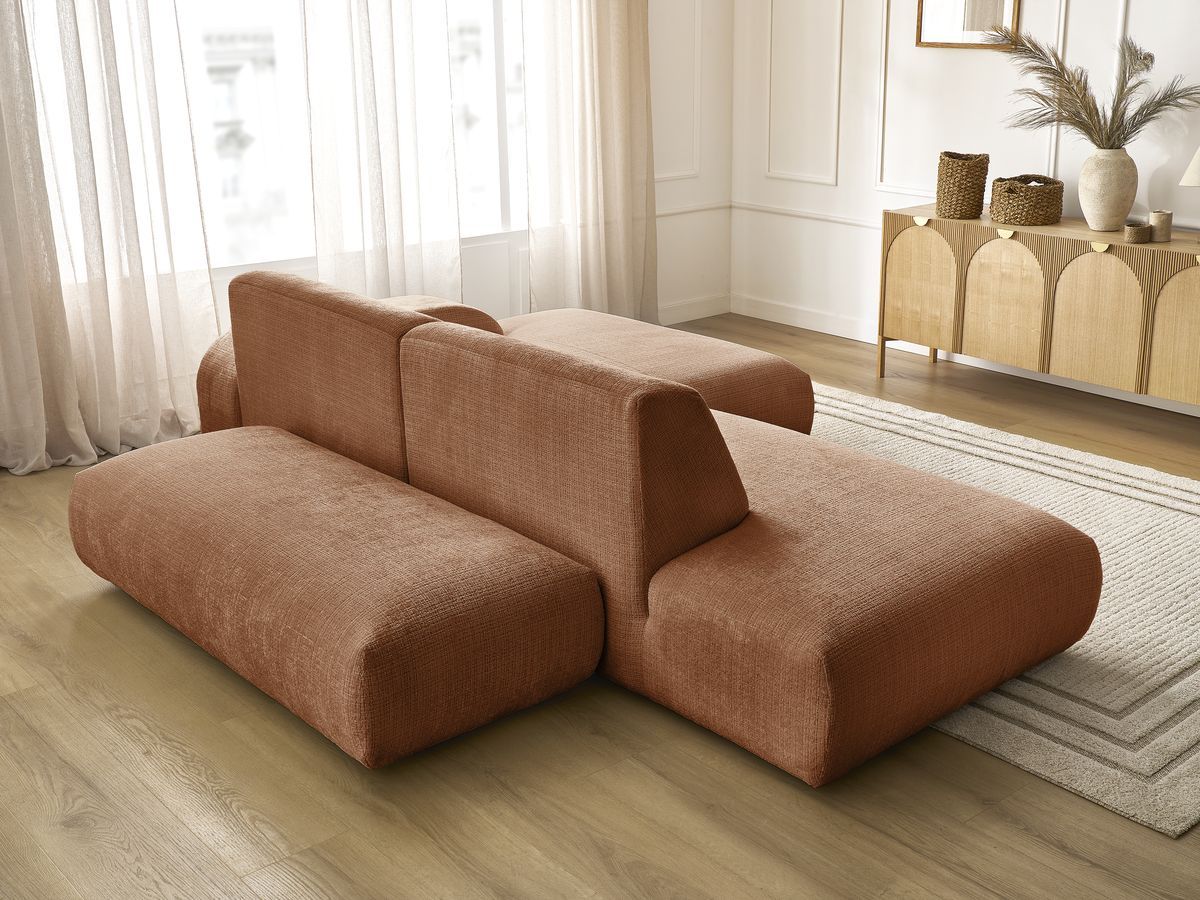 Canapé d'angle fixe modulable SIRIUS tissu texturé avec 1 chauffeuse et grand pouf