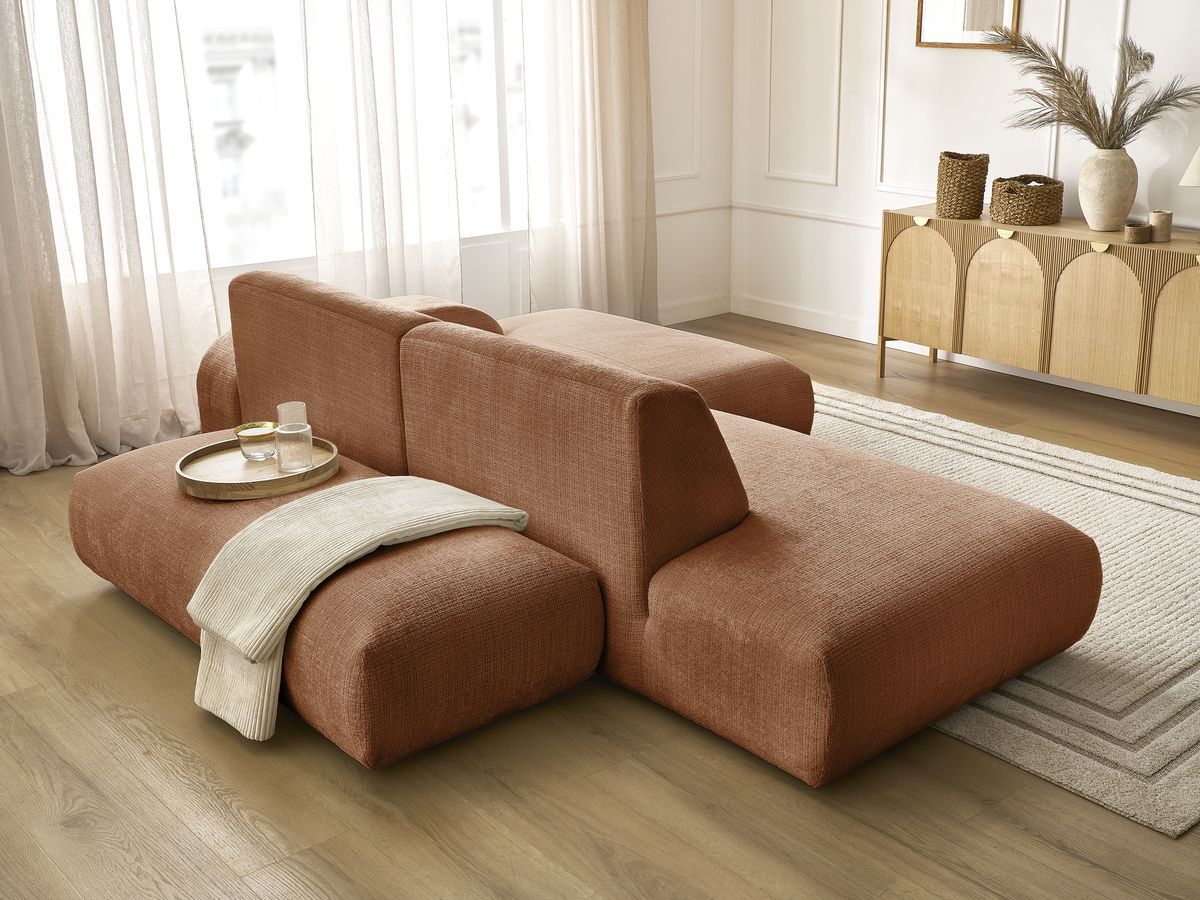 Canapé d'angle fixe modulable SIRIUS tissu texturé avec 1 chauffeuse et grand pouf