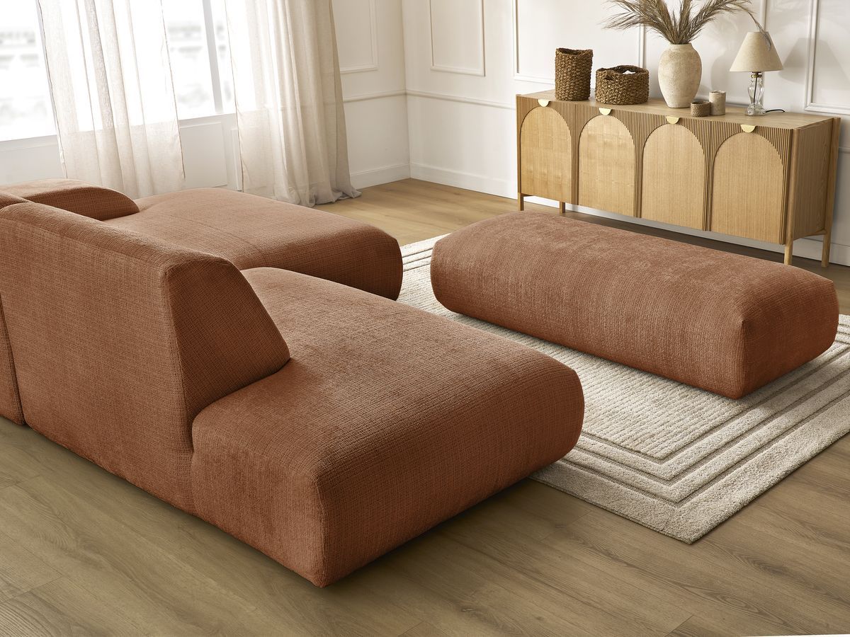 Canapé d'angle fixe modulable SIRIUS tissu texturé avec 1 chauffeuse et grand pouf