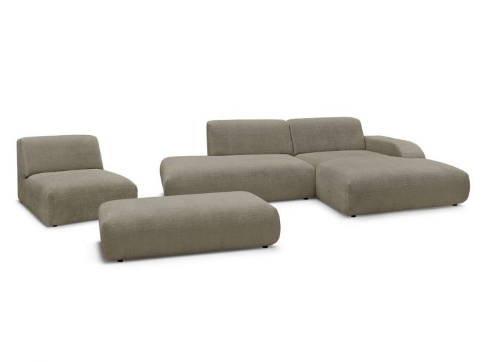 Canapé d'angle fixe modulable SIRIUS tissu texturé avec 1 chauffeuse et grand pouf