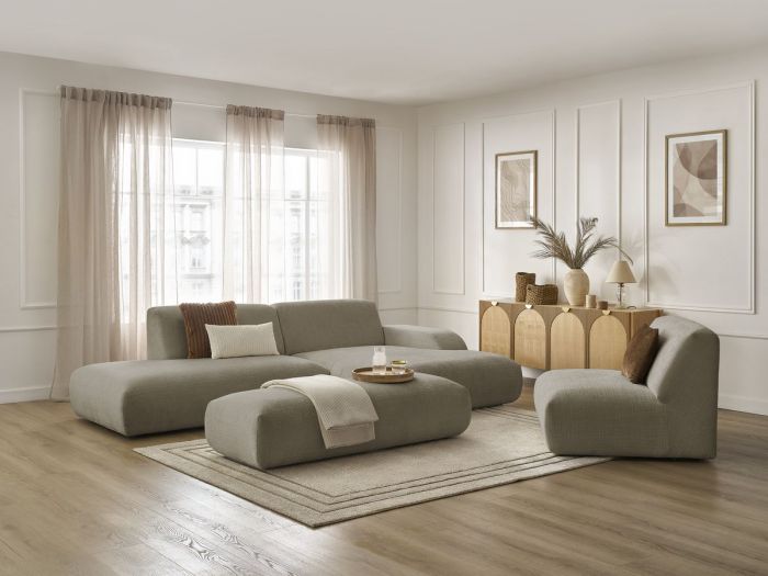 Canapé d'angle fixe modulable SIRIUS tissu texturé avec 1 chauffeuse et grand pouf