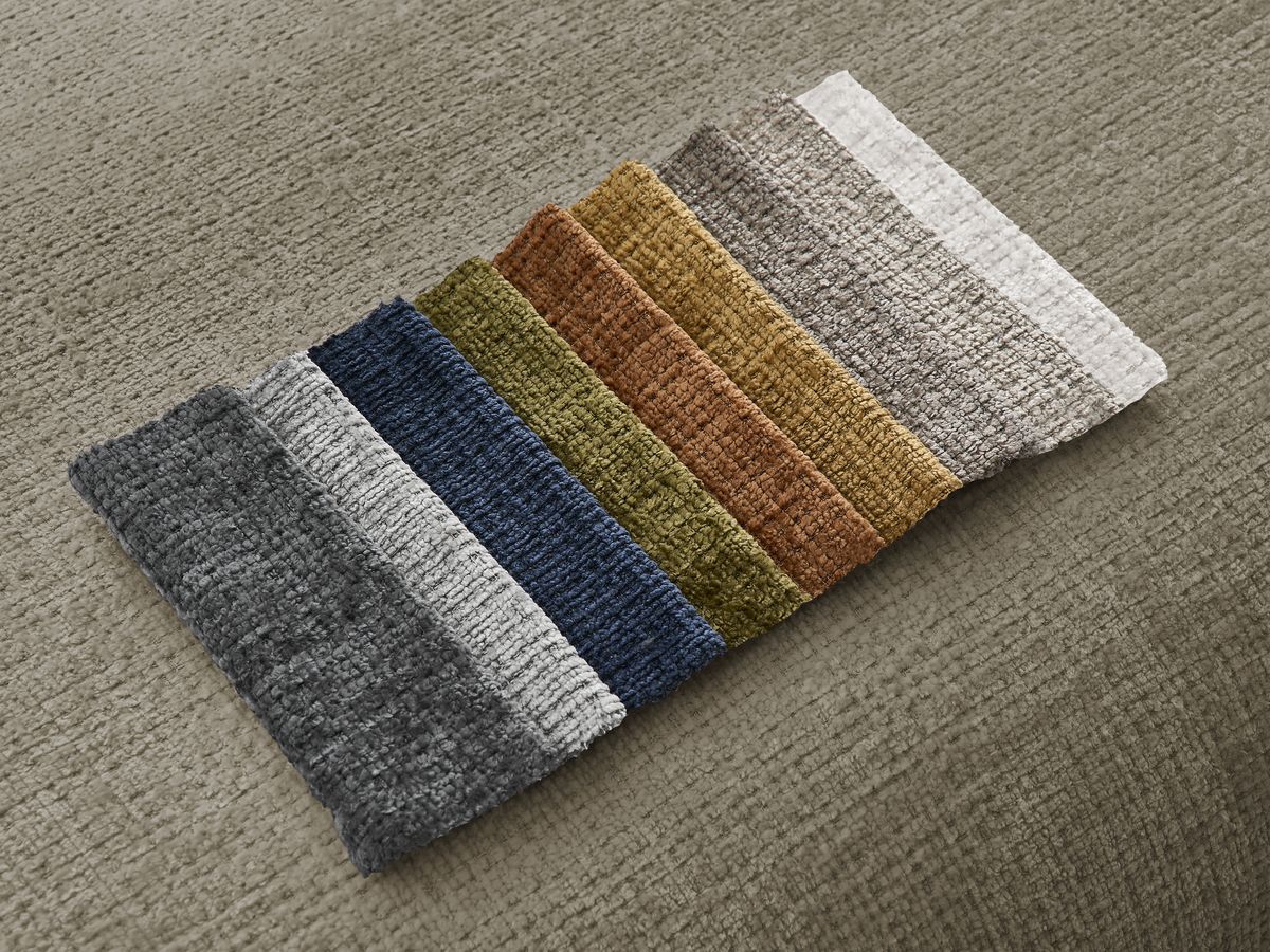 Canapé d'angle fixe modulable SIRIUS tissu texturé avec 1 chauffeuse et grand pouf
