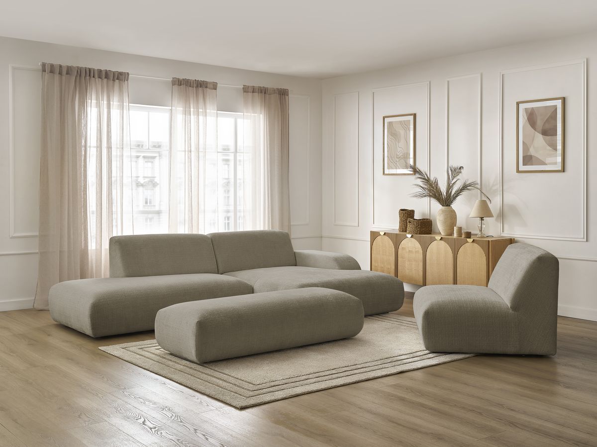 Canapé d'angle fixe modulable SIRIUS tissu texturé avec 1 chauffeuse et grand pouf