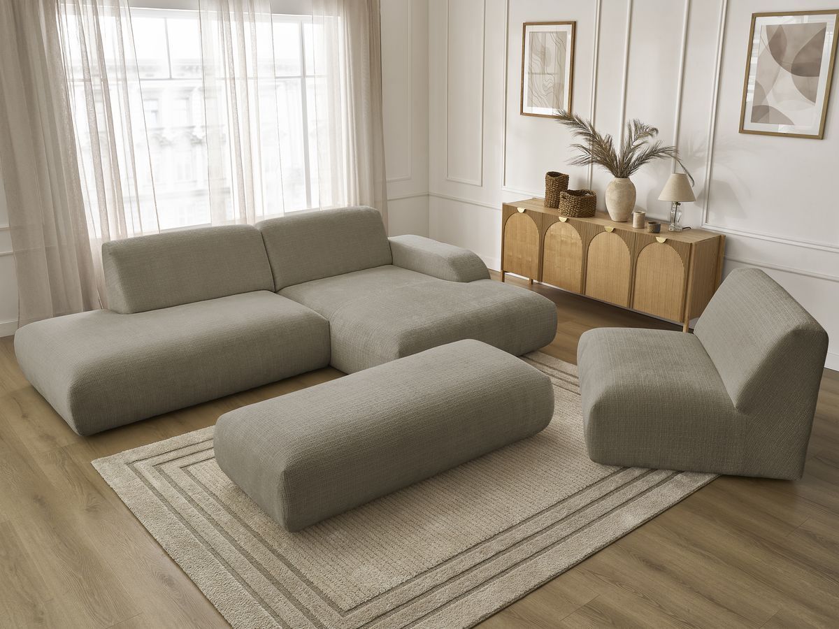 Canapé d'angle fixe modulable SIRIUS tissu texturé avec 1 chauffeuse et grand pouf