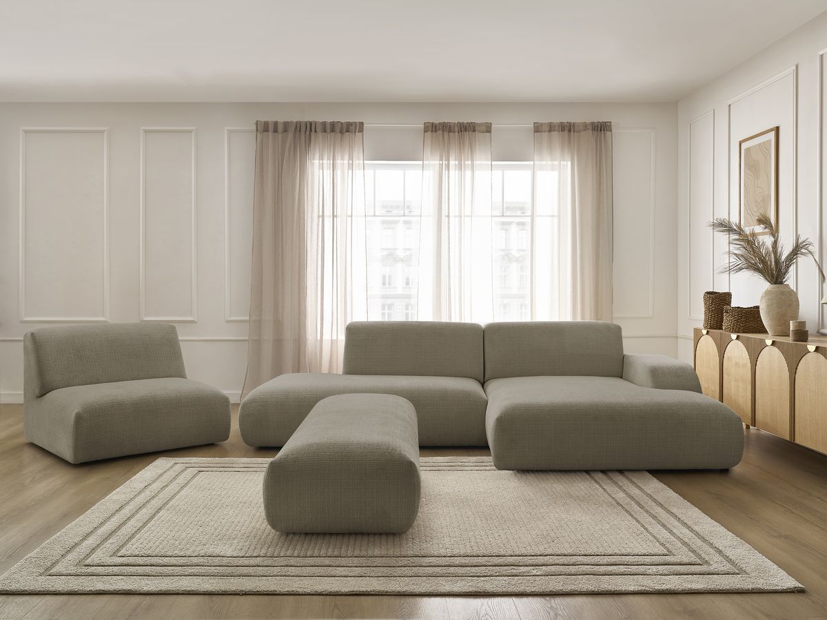 Canapé d'angle fixe modulable SIRIUS tissu texturé avec 1 chauffeuse et grand pouf