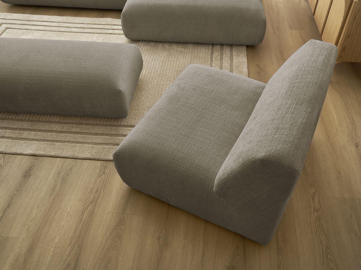 Canapé d'angle fixe modulable SIRIUS tissu texturé avec 1 chauffeuse et grand pouf