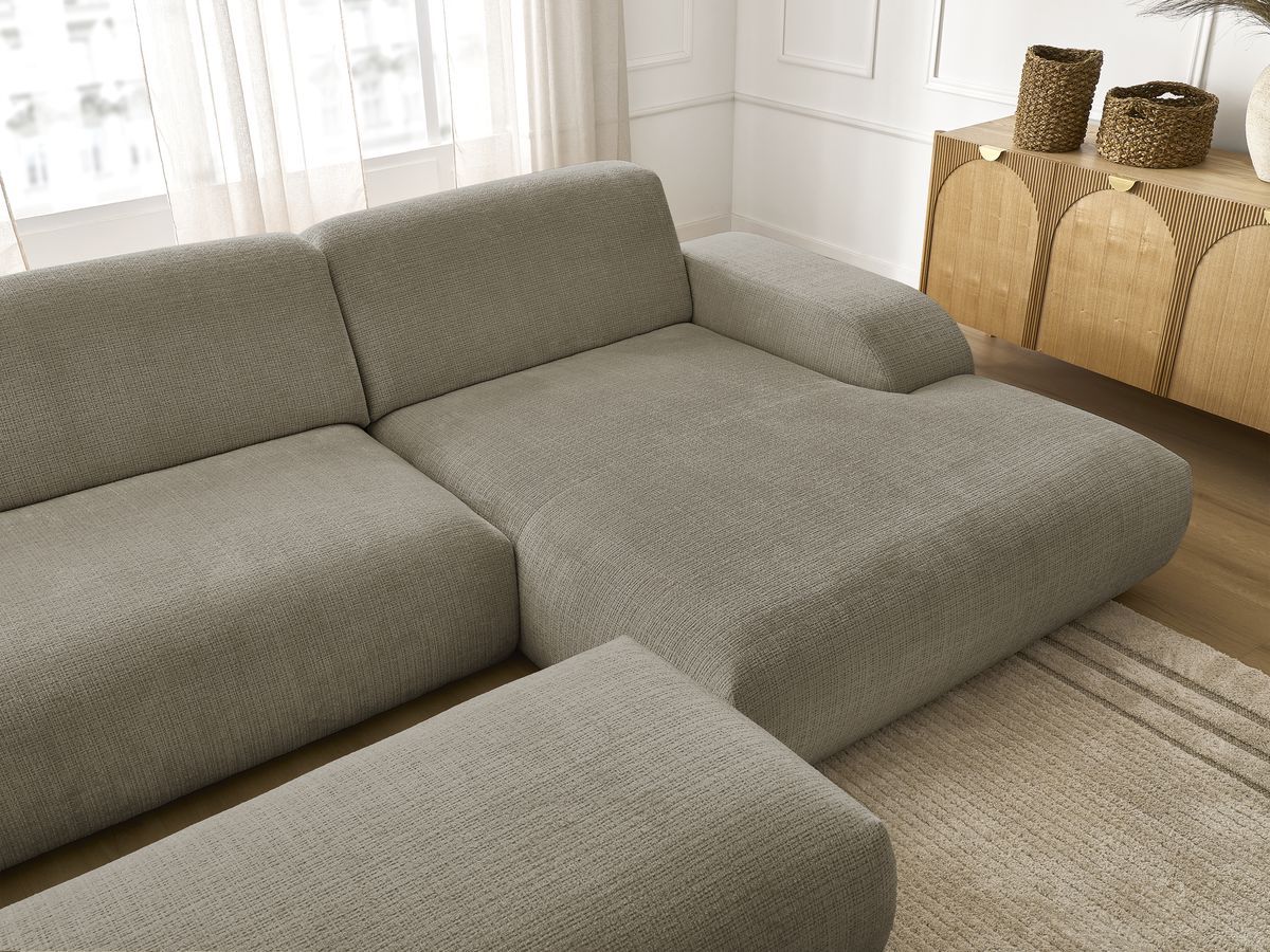 Canapé d'angle fixe modulable SIRIUS tissu texturé avec 1 chauffeuse et grand pouf