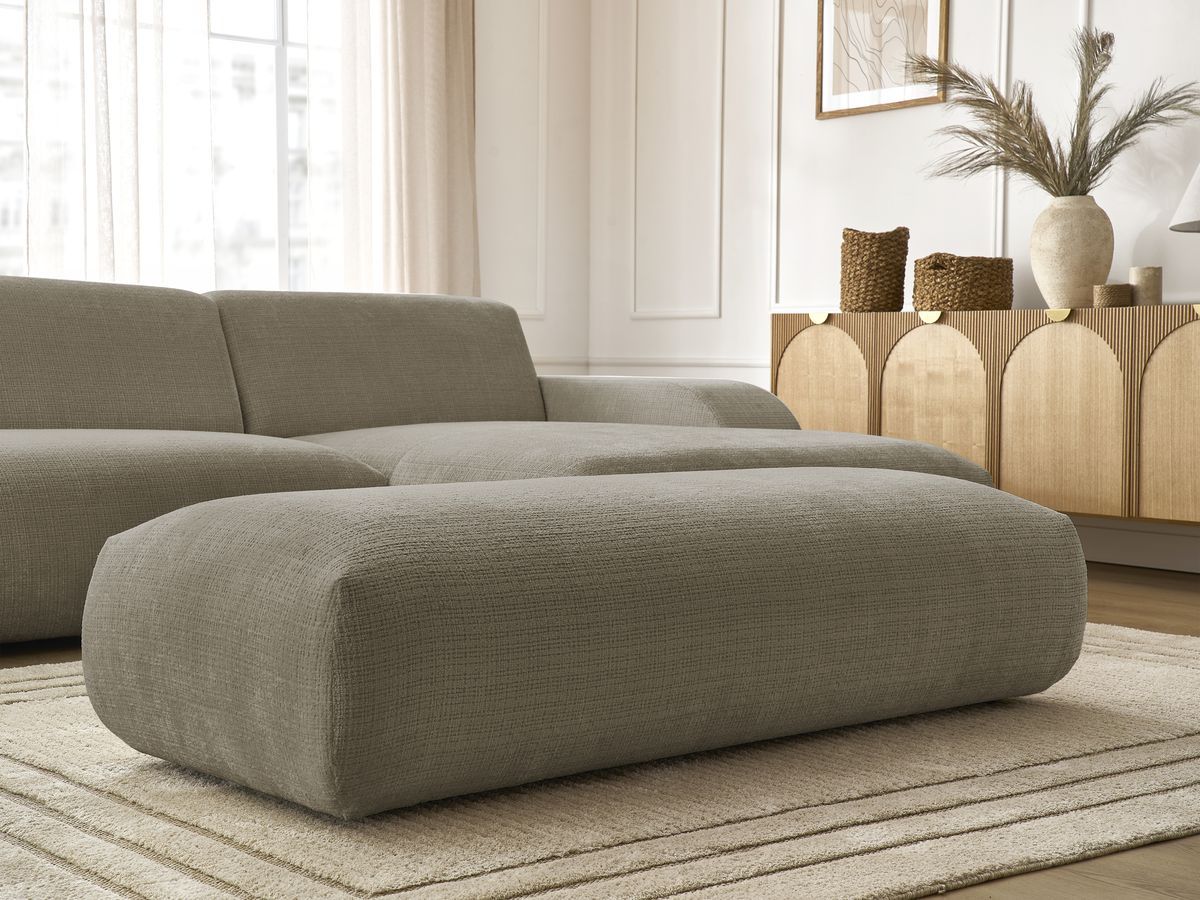 Canapé d'angle fixe modulable SIRIUS tissu texturé avec 1 chauffeuse et grand pouf