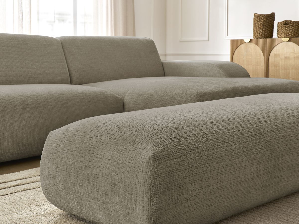 Canapé d'angle fixe modulable SIRIUS tissu texturé avec 1 chauffeuse et grand pouf